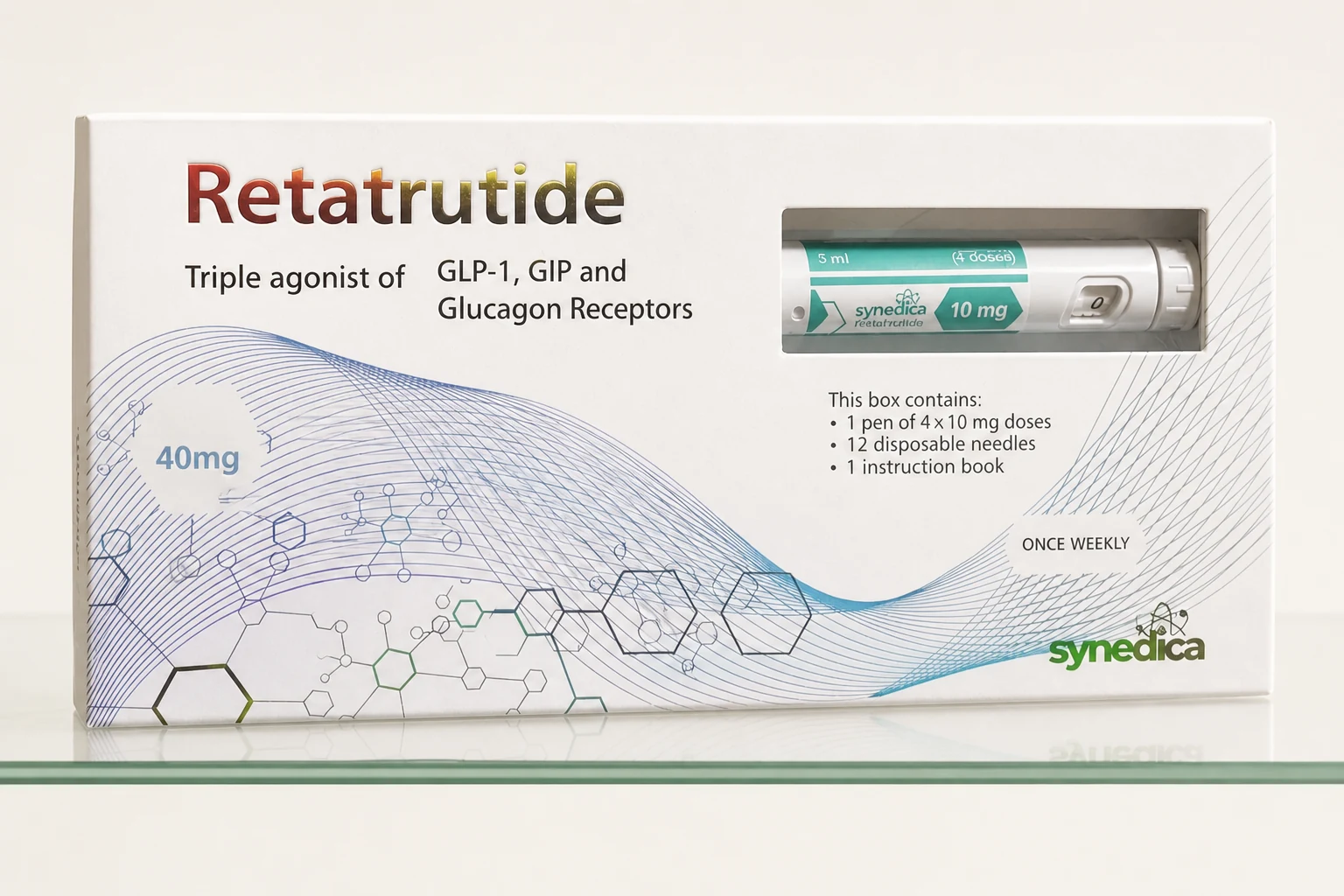 Synedica Retatrutid Verpackung mit 40 mg Gesamtinhalt und sichtbar gekennzeichnetem 10 mg Pen